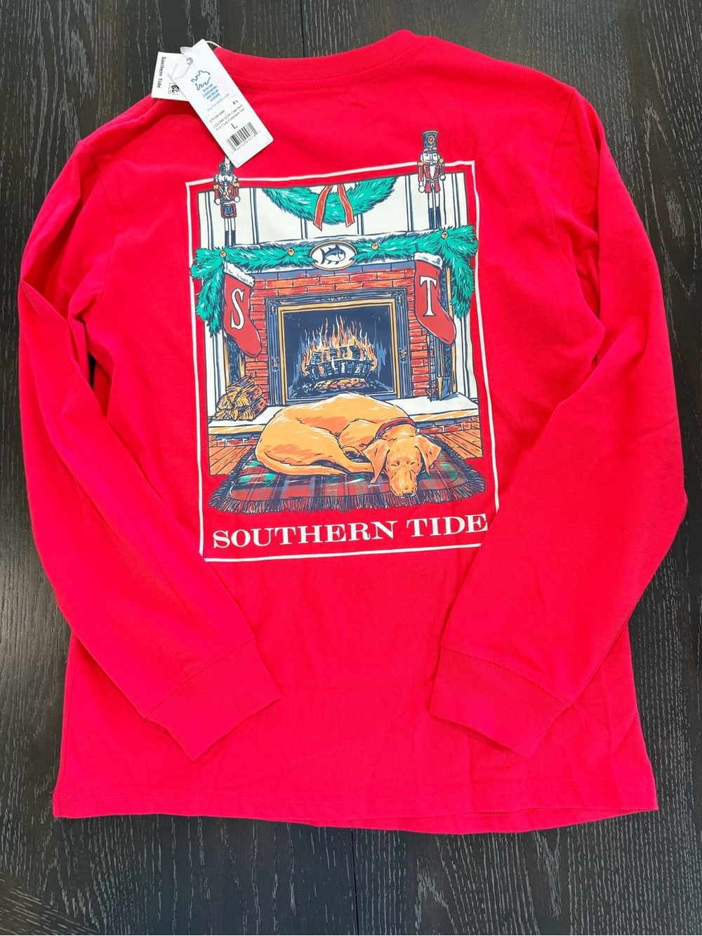 Southern Tide Kids Red Long-Sleeve Tee with Fireplace Dog Graphic